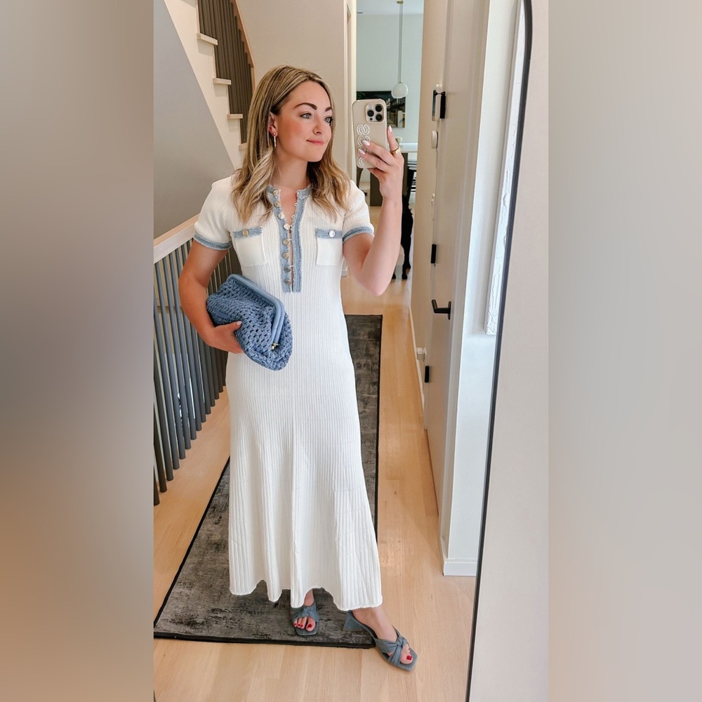 White Ribbed Maxi Dress with Blue Trim